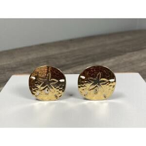 Vintage Sand Dollar Clip On Earrings Gold Tone Textured Beach Coastal 1” D